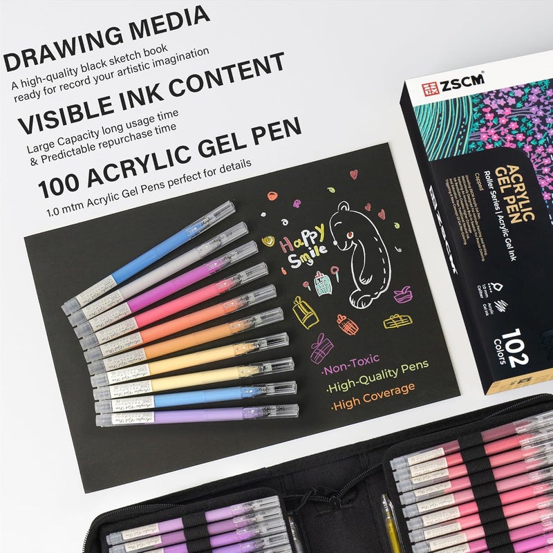 ZSCM 100 Colors 3D Acrylic Gel Pens & Black Paper Sketchbook for Drawing, 1mm Fine Point Acrylic Ink Pen, Opaque Archival Ink Pens for Black Paper Drawing, Sketching, Illustration, Card Making - Image 2